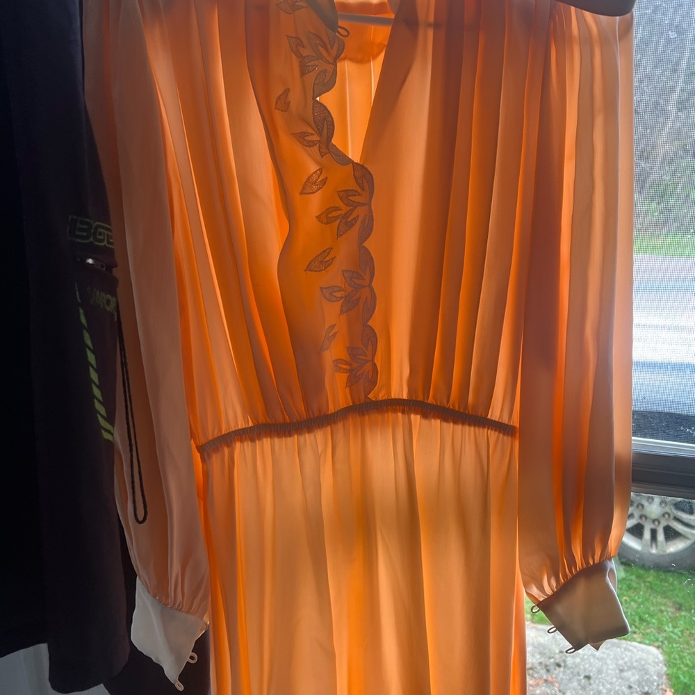 Flowy Peach Sheer Midi Dress with Leaf Embroidery Vintage Michelle Stuart